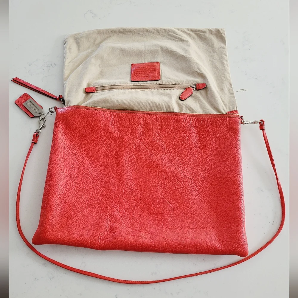 Coach Red Pebbled Leather Crossbody Bag Silver Hardware Foldover Clutch